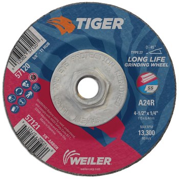 Weiler Tiger Disco esmerilador 57120 - 4-1/2 pulg - Óxido de aluminio - 24 - R