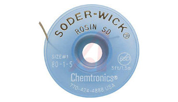 Chemtronics Soder-Wick #80 Trenza de desoldadura de núcleo de fundente de colofonia - Blanco - 0.03 pulg. x 5 pies