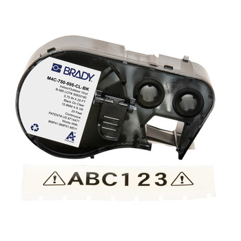Brady M4C-750-595-CL-BK Etiquetas para todo tipo de clima - 0.75 pulg. x 20 pies - Vinilo - Negro sobre transparente - B-595