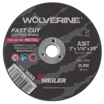 Weiler Wolverine Rueda de corte 56068 - Tipo 1 - Rueda recta - 3 pulg. - Óxido de aluminio - 36 - T