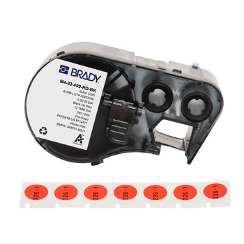 Brady M4-83-499-RD-BK Etiquetas adhesivas multiuso agresivas - 0.5 pulg. x 0.5 pulg. - Nailon - Negro sobre rojo - B-499