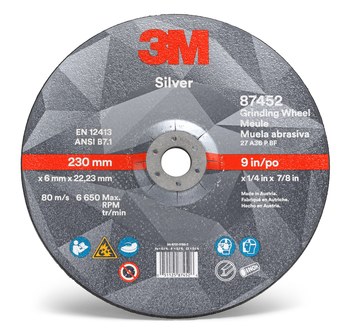 3M Silver Cerámico Rueda para esmerilado de centro hundido - Estándar (Tipo 27) - Diámetro 9 pulg. - Agujero Central 7/8 pulg. - Grosor 1/4 pulg. - 87452