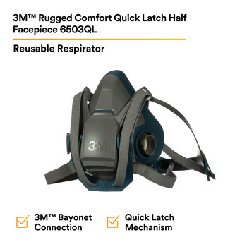 3M 6500 Series Rugged Comfort Quick Latch 6503QL Gray/Teal Large Nylon/Silicone Half Mask Facepiece Respirator - 051131-49492