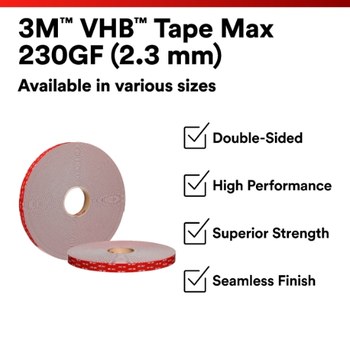 3M VHB Max-230GF Max - Alto rendimiento Gris Forro de película de cinta - 1/2 pulg. Anchura x 36 yd Longitud - 90 mil Espesor - 75970
