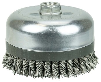 Weiler Steel Cup Brush - Threaded Arbor Attachment - 6 in Diameter - 5/8 in-11 UNC Center Hole - 0.023 in Bristle Diameter - Banded, Double Row, 7/8 in - 12676