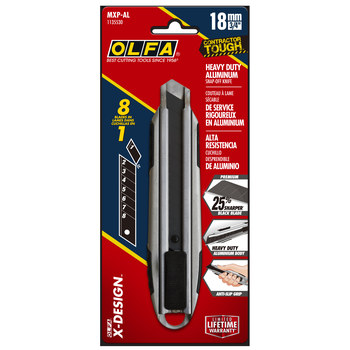 OLFA MXP-AL Cuchillo de servicio - Fundición de aluminio, acero inoxidable, polipropileno (PP), elastómero termoplástico (TPE), poliacetal (polioximetileno/POM), acero al carbono para herramientas - 8.75 pulg. - 22063