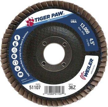 Weiler Tiger Paw Tipo 27 - Zirconia - 4 1/2 pulg. - 36 - Muy áspero - 51107