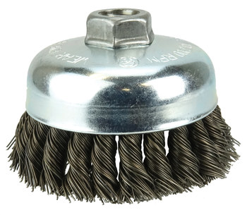 Weiler Wolverine Acero Cepillo de copa - Accesorio Eje roscado - Diámetro 4 pulg. - Agujero Central 5/8 in-11 UNC - Diámetro de la cerda 0.025 pulg. - 36244