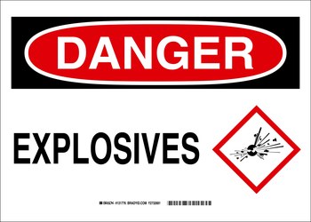 Imágen de Brady B-120 Poliéster reforzado con fibra de vidrio Rectángulo Blanco Inglés Cartel de advertencia de explosivos 131778 (Imagen principal del producto)