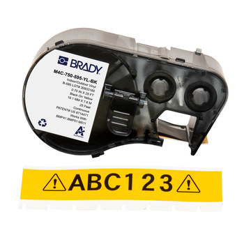 Brady M4C-750-595-YL-BK Etiquetas para todo tipo de clima - 0.75 pulg. x 25 pies - Vinilo - Negro sobre amarillo - B-595