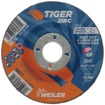 Weiler Tiger Zirc Disco esmerilador 58071 - 4-1/2 pulg - Zirconio - 24 - T