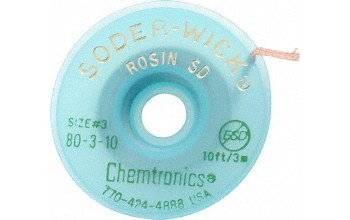 Chemtronics Soder-Wick #3 Trenza de desoldadura de revestimiento de fundente de colofonia - Verde - 0.08 pulg. x 10 pies