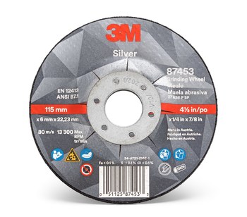 3M Silver Cerámico Rueda para esmerilado de centro hundido - Estándar (Tipo 27) - Diámetro 4 1/2 pulg. - Agujero Central 7/8 pulg. - Grosor 1/4 pulg. - 44538