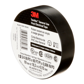 3M Temflex 165BK4A Negro Cinta eléctrica - 0.75 pulg. x 60 pies - Grosor 6 mil - 92568