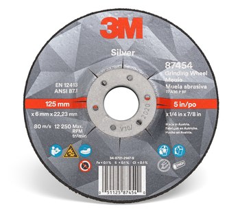 3M Silver Cerámico Rueda para esmerilado de centro hundido - Estándar (Tipo 27) - Diámetro 5 pulg. - Agujero Central 7/8 pulg. - Grosor 1/4 pulg. - 87454