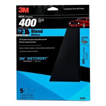 3M Wetordry Papel de lija 32038 - 9 pulg. x 11 pulg. - Óxido de aluminio - 400 - Extrafino