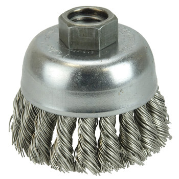 Weiler Acero inoxidable Cepillo de copa - Diámetro 2 3/4 pulg. - Agujero Central UNC de 5/8-11 - Diámetro de la cerda 0.014 pulg. - 1 de longitud de corte - 13009