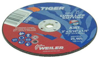 Weiler Tiger Rueda de corte 57066 - Tipo 1 (recto) - 3 pulg. - Óxido de aluminio - 36 - T