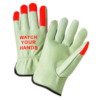 West Chester 995KOT Blanco/anaranjado de alta vis. Grande Cuero Grano Cuero vacuno Cuero Guante para conductor - Pulgar montado - Longitud 9.75 pulg. - 662909-075062