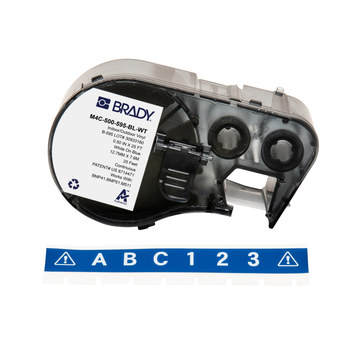 Brady M4C-500-595-BL-WT Etiquetas para todo tipo de clima - 0.5 pulg. x 25 pies - Vinilo - Blanco sobre azul - B-595