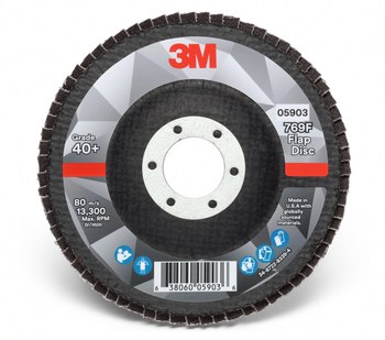 3M 769F Tipo 27 Recubierto Óxido de aluminio cerámico Disco de Aletas - Diámetro 4 1/2 pulg. - Agujero Central 7/8 pulg. - 05903