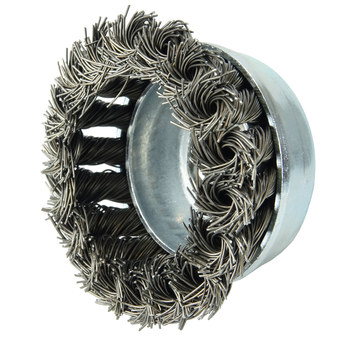 Weiler Acero Cepillo de copa - Accesorio Eje roscado - Diámetro 2-3/4 pulg. - Agujero Central 5/8 in-11 UNC - Diámetro de la cerda 0.020 pulg. - Estilo del cepillo: giro de huracán - 13712