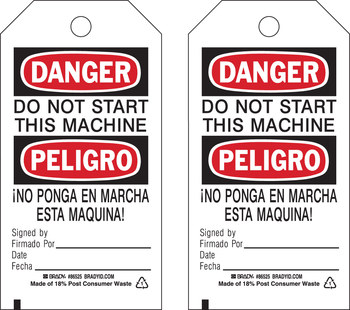 Imágen de Brady Negro/Rojo sobre blanco Ojal de metal, Autolaminados, Escribible Poliéster 86525 Etiqueta de seguridad del equipo (Imagen principal del producto)