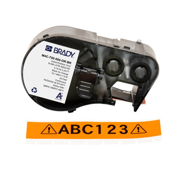 Brady M4C-750-595-OR-BK Etiquetas para todo tipo de clima - 0.75 pulg. x 25 pies - Vinilo - Negro sobre naranja - B-595