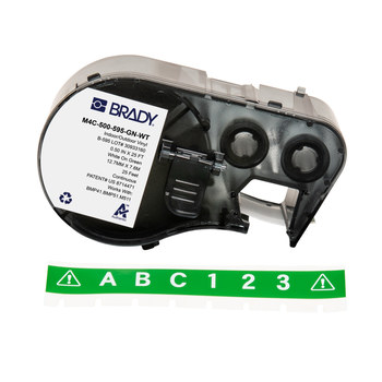 Brady M4C-500-595-GN-WT Etiquetas para todo tipo de clima - 0.5 pulg. x 25 pies - Vinilo - Blanco sobre verde - B-595