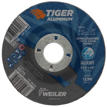 Weiler Tiger Aluminum Disco de corte y esmerilado 58215 - 4-1/2 pulg - A/O óxido de aluminio AO - 30 - T