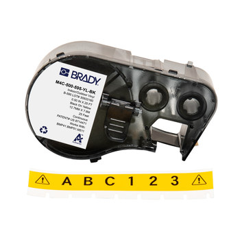 Brady M4C-500-595-YL-BK Etiquetas para todo tipo de clima - 0.5 pulg. x 25 pies - Vinilo - Negro sobre amarillo - B-595