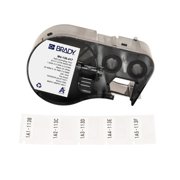 Brady M4-136-417 Etiquetas envolventes autolaminables con adhesivo agresivo - 1 pulg. x 0.75 pulg. - Vinilo - Negro sobre blanco, transparente - B-417