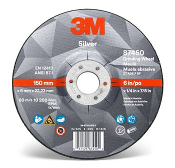 3M Silver Cerámico Rueda para esmerilado de centro hundido - Estándar (Tipo 27) - Diámetro 6 pulg. - Agujero Central 7/8 pulg. - Grosor 1/4 pulg. - 87450