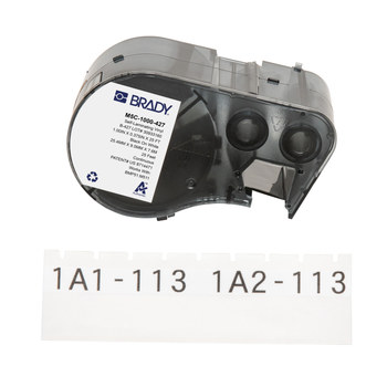 Brady M5C-1000-427 Etiquetas envolventes autolaminables - 1 pulg. x 25 pies - Vinilo - Negro sobre blanco, transparente - B-427