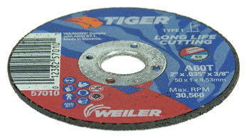 Weiler Tiger Rueda de corte 57010 - Tipo 1 (recto) - 2 pulg. - Óxido de aluminio - 60 - T