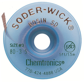 Chemtronics Soder-Wick #3 Trenza de desoldadura de revestimiento de fundente de colofonia - Verde - 0.08 pulg. x 5 pies