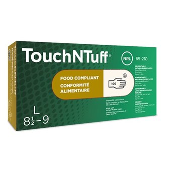 Ansell TouchNTuff 69-210 Tostado Grande Látex Guantes desechables - Grado Alimento - acabado Liso - Longitud 9 1/2 pulg. - 076490-16706