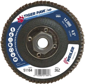 Weiler Tiger Paw Tipo 27 - Zirconia - 4 1/2 pulg. - 36 - Muy áspero - 51164