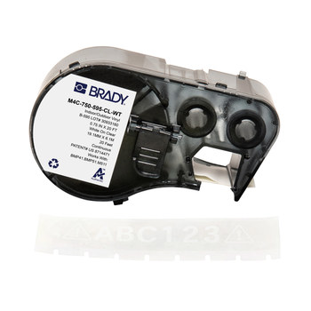 Brady M4C-750-595-CL-WT Etiquetas para todo tipo de clima - 0.75 pulg. x 20 pies - Vinilo - Blanco sobre transparente - B-595