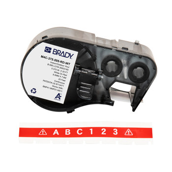Brady M4C-375-595-RD-WT Etiquetas para todo tipo de clima - 0.375 pulg. x 25 pies - Vinilo - Blanco sobre rojo - B-595