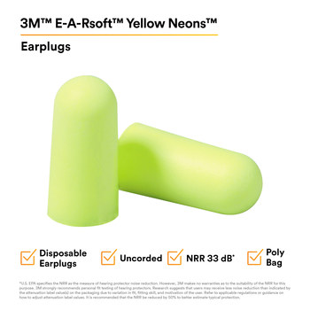 3M E-A-Rsoft Yellow Neons 312-1250 Tapones para los oídos 12063 - tamaño Mediano - Espuma - Amarillo - 33 dB
