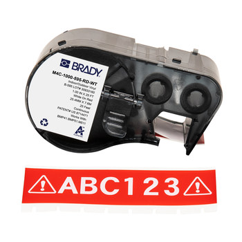 Brady M4C-1000-595-RD-WT Etiquetas para todo tipo de clima - 1 pulg. x 25 pies - Vinilo - Blanco sobre rojo - B-595