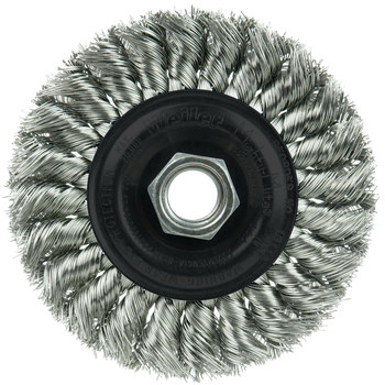 Weiler 13113 Wheel Brush - 4 in Dia - Knotted - Standard Twist Stainless Steel Bristle