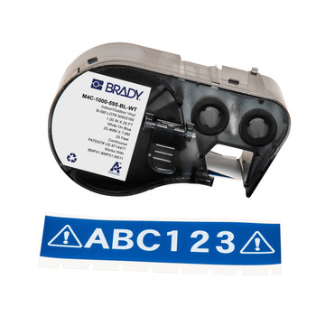 Brady M4C-1000-595-BL-WT Etiquetas para todo tipo de clima - 1 pulg. x 25 pies - Vinilo - Blanco sobre azul - B-595