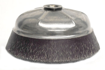 Weiler Polyflex Acero Cepillo de copa - Accesorio Eje roscado - Diámetro 4 pulg. - Agujero Central 5/8 in-11 UNC - Diámetro de la cerda 0.020 pulg. - 35186