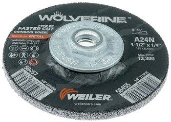 Weiler Wolverine Rueda esmeriladora de superficie 56455 - 4-1/2 pulg - Óxido de aluminio - 24 - N