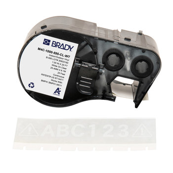Brady M4C-1000-595-CL-WT Etiquetas para todo tipo de clima - 1 pulg. x 20 pies - Vinilo - Blanco sobre transparente - B-595