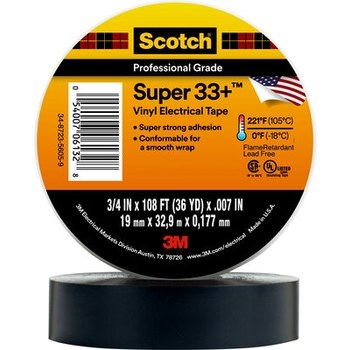 3M Scotch Super 33+ 33+-3/4X36YD-1 Negro Cinta de marcaje electrica - 3/4 pulg. x 36 yd - Grosor 7 mil - 00053