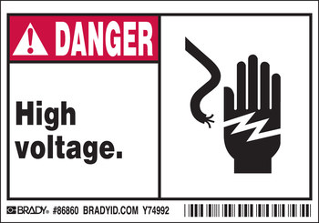 Imágen de Brady Negro/Rojo sobre blanco Rectángulo Laminado Poliéster 86860 Etiqueta de advertencia de alto voltaje (Imagen principal del producto)