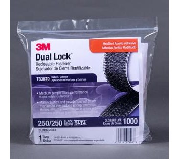 3M Dual Lock TB3870 Negro Sujetador recerrable - Gancho tipo hongo con 250 vástago s/in² Recuento de tallos - 1 pulg. Anchura x 10 pies Longitud - Adhesivo Adhesiva - 07806